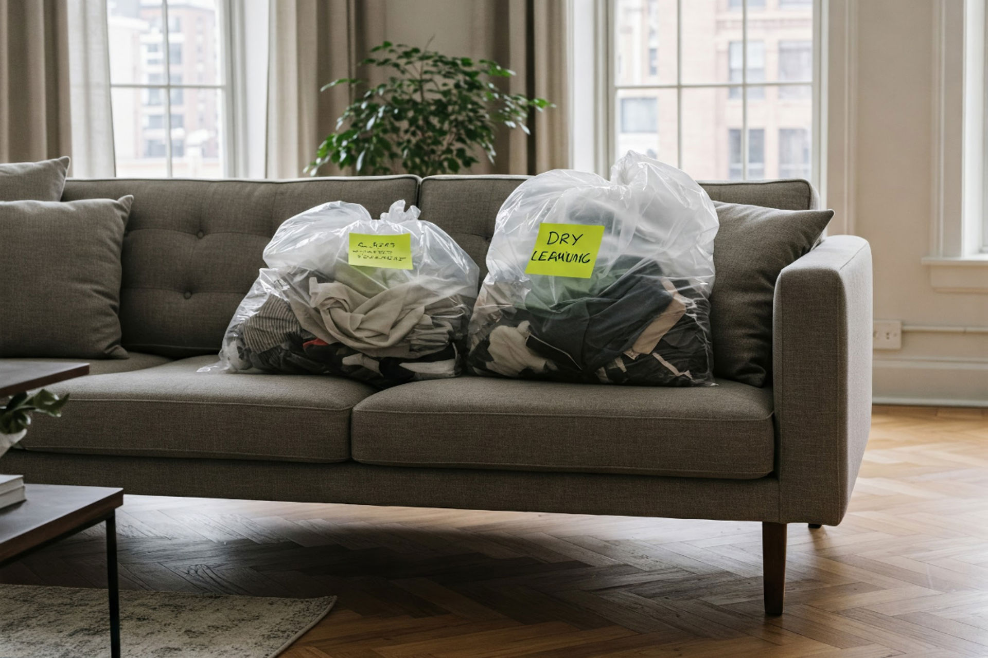 Dry Cleaning And Laundry Bags On A Couch 1200X800
